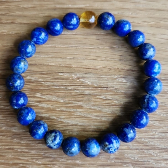 Hand Crafted Bracelet, Lapis Lazuli & Citrine Bead, Stretch - Picture 1 of 9